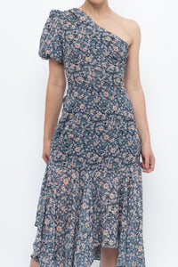 ASTR THE LABEL x Blue Floral One-Shoulder Midi Dress (S)
