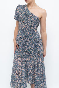 ASTR THE LABEL x Blue Floral One-Shoulder Midi Dress (S)