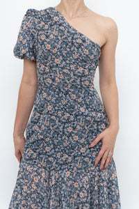 ASTR THE LABEL x Blue Floral One-Shoulder Midi Dress (S)