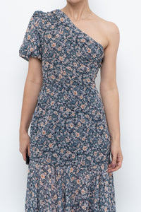 ASTR THE LABEL x Blue Floral One-Shoulder Midi Dress (S)
