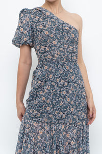 ASTR THE LABEL x Blue Floral One-Shoulder Midi Dress (S)