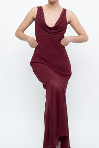 Vintage x Made in Canada x BURGUNDY Draped Maxi Dress (S)