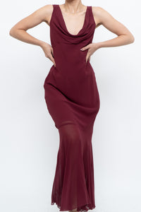 Vintage x Made in Canada x BURGUNDY Draped Maxi Dress (S)