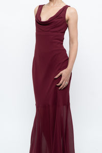 Vintage x Made in Canada x BURGUNDY Draped Maxi Dress (S)
