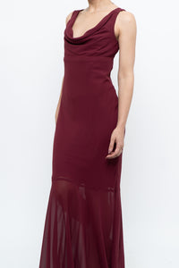Vintage x Made in Canada x BURGUNDY Draped Maxi Dress (S)