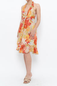 Vintage x Made in Romania x MISS SIXTY Silk Floral Halter Midi Dress (M, L)