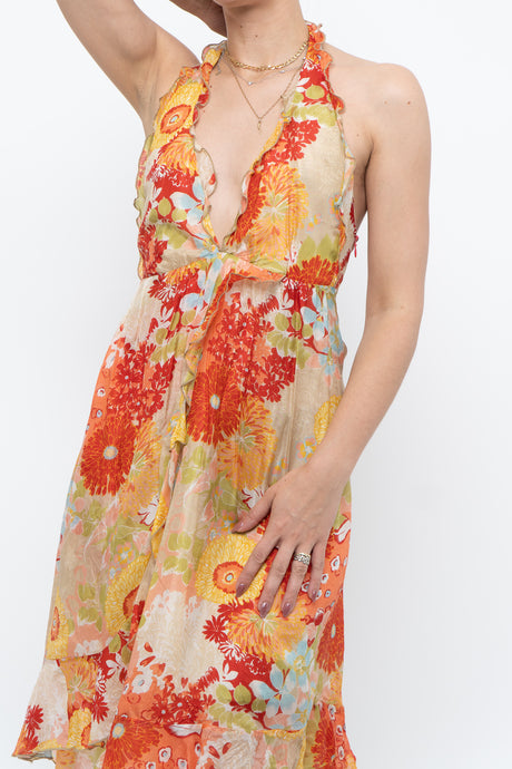 Vintage x Made in Romania x MISS SIXTY Silk Floral Halter Midi Dress (M, L)