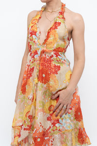 Vintage x Made in Romania x MISS SIXTY Silk Floral Halter Midi Dress (M, L)