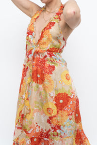 Vintage x Made in Romania x MISS SIXTY Silk Floral Halter Midi Dress (M, L)
