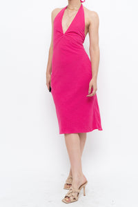 Vintage x Hot Pink Polka Dot Halter Midi Dress (XS, S)