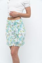 Load image into Gallery viewer, Vintage x Made in USA x White, Blue Floral Mesh Frilly Mini Skirt (XS, S)