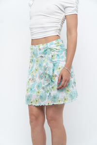 Vintage x Made in USA x White, Blue Floral Mesh Frilly Mini Skirt (XS, S)