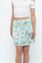 Load image into Gallery viewer, Vintage x Made in USA x White, Blue Floral Mesh Frilly Mini Skirt (XS, S)
