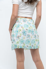 Load image into Gallery viewer, Vintage x Made in USA x White, Blue Floral Mesh Frilly Mini Skirt (XS, S)