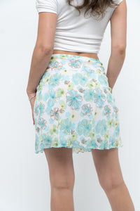 Vintage x Made in USA x White, Blue Floral Mesh Frilly Mini Skirt (XS, S)