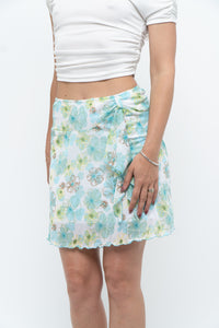 Vintage x Made in USA x White, Blue Floral Mesh Frilly Mini Skirt (XS, S)