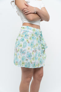 Vintage x Made in USA x White, Blue Floral Mesh Frilly Mini Skirt (XS, S)
