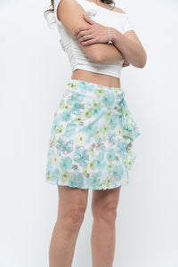 Vintage x Made in USA x White, Blue Floral Mesh Frilly Mini Skirt (XS, S)