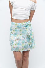 Load image into Gallery viewer, Vintage x Made in USA x White, Blue Floral Mesh Frilly Mini Skirt (XS, S)
