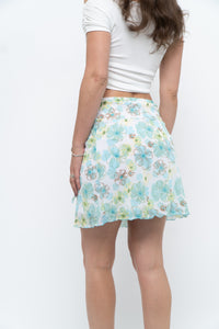 Vintage x Made in USA x White, Blue Floral Mesh Frilly Mini Skirt (XS, S)