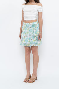 Vintage x Made in USA x White, Blue Floral Mesh Frilly Mini Skirt (XS, S)