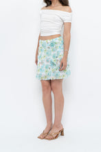Load image into Gallery viewer, Vintage x Made in USA x White, Blue Floral Mesh Frilly Mini Skirt (XS, S)