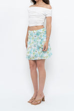Load image into Gallery viewer, Vintage x Made in USA x White, Blue Floral Mesh Frilly Mini Skirt (XS, S)