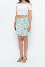 Load image into Gallery viewer, Vintage x Made in USA x White, Blue Floral Mesh Frilly Mini Skirt (XS, S)