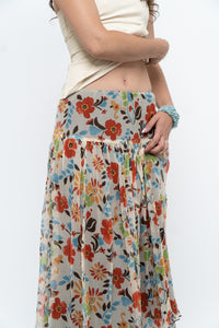 Vintage x Colourful Floral Tiered Silk Midi Skirt (M-XL)