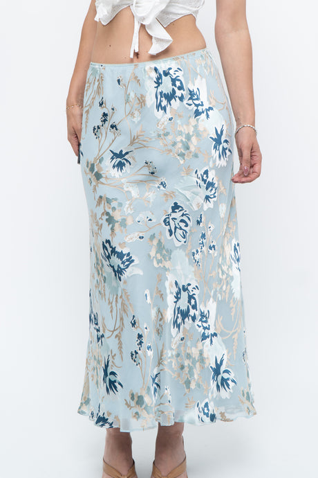 Vintage x Baby Blue Patterned Silk-Blend Maxi Skirt (M-XL)