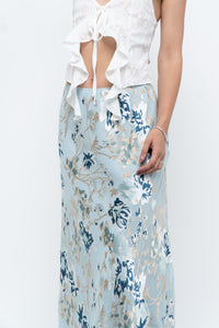 Vintage x Baby Blue Patterned Silk-Blend Maxi Skirt (M-XL)