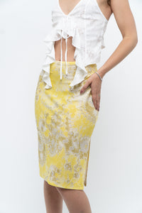 Vintage x Yellow Shiny Patterned Midi Skirt (M-XL)