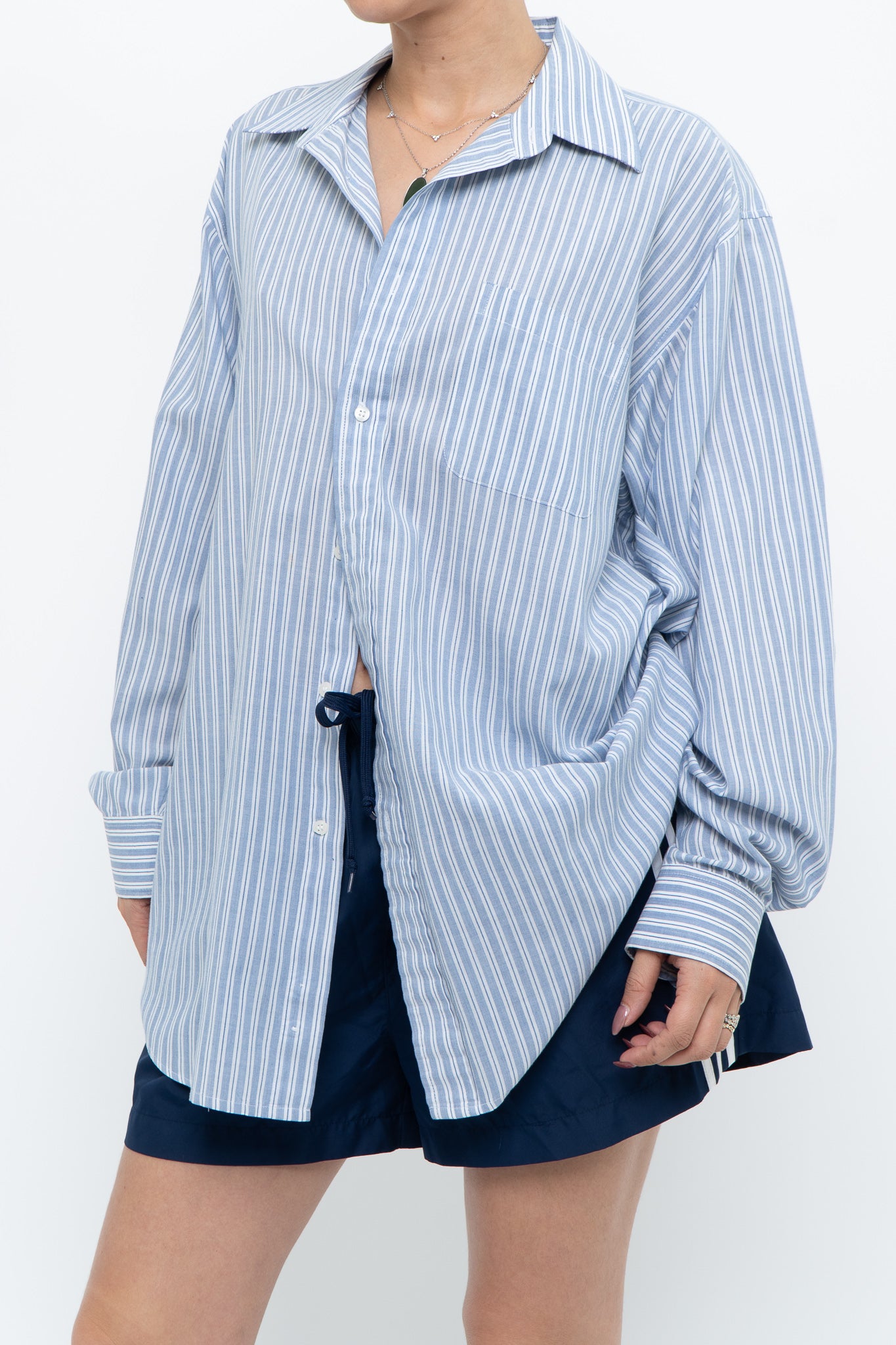 Vintage x White, Blue Striped Flowy Beach Buttonup (S-XL)