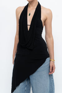 Vintage x Made in Canada x Black Asymmetric Flowy Halter Top (S, M)