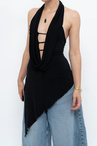 Vintage x Made in Canada x Black Asymmetric Flowy Halter Top (S, M)