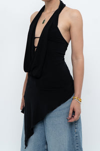 Vintage x Made in Canada x Black Asymmetric Flowy Halter Top (S, M)