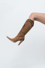 Load image into Gallery viewer, Vintage x Made in italy x Tan Suede Cutout Butterfly Studded Cowboy Boots (9, 9.5W)