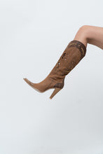 Load image into Gallery viewer, Vintage x Made in italy x Tan Suede Cutout Butterfly Studded Cowboy Boots (9, 9.5W)