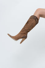 Load image into Gallery viewer, Vintage x Made in italy x Tan Suede Cutout Butterfly Studded Cowboy Boots (9, 9.5W)