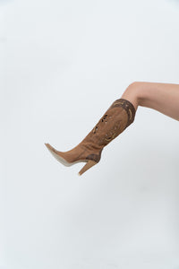 Vintage x Made in italy x Tan Suede Cutout Butterfly Studded Cowboy Boots (9, 9.5W)