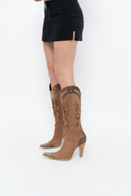 Load image into Gallery viewer, Vintage x Made in italy x Tan Suede Cutout Butterfly Studded Cowboy Boots (9, 9.5W)