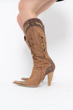 Load image into Gallery viewer, Vintage x Made in italy x Tan Suede Cutout Butterfly Studded Cowboy Boots (9, 9.5W)