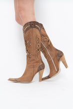 Load image into Gallery viewer, Vintage x Made in italy x Tan Suede Cutout Butterfly Studded Cowboy Boots (9, 9.5W)