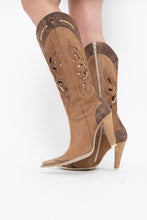 Load image into Gallery viewer, Vintage x Made in italy x Tan Suede Cutout Butterfly Studded Cowboy Boots (9, 9.5W)