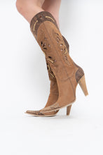 Load image into Gallery viewer, Vintage x Made in italy x Tan Suede Cutout Butterfly Studded Cowboy Boots (9, 9.5W)
