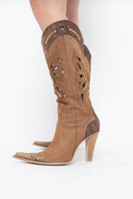 Load image into Gallery viewer, Vintage x Made in italy x Tan Suede Cutout Butterfly Studded Cowboy Boots (9, 9.5W)