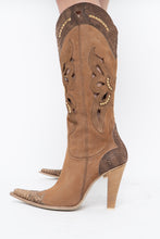 Load image into Gallery viewer, Vintage x Made in italy x Tan Suede Cutout Butterfly Studded Cowboy Boots (9, 9.5W)