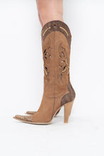 Load image into Gallery viewer, Vintage x Made in italy x Tan Suede Cutout Butterfly Studded Cowboy Boots (9, 9.5W)