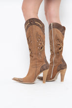 Load image into Gallery viewer, Vintage x Made in italy x Tan Suede Cutout Butterfly Studded Cowboy Boots (9, 9.5W)