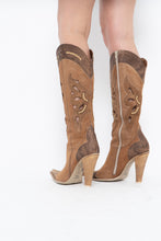 Load image into Gallery viewer, Vintage x Made in italy x Tan Suede Cutout Butterfly Studded Cowboy Boots (9, 9.5W)